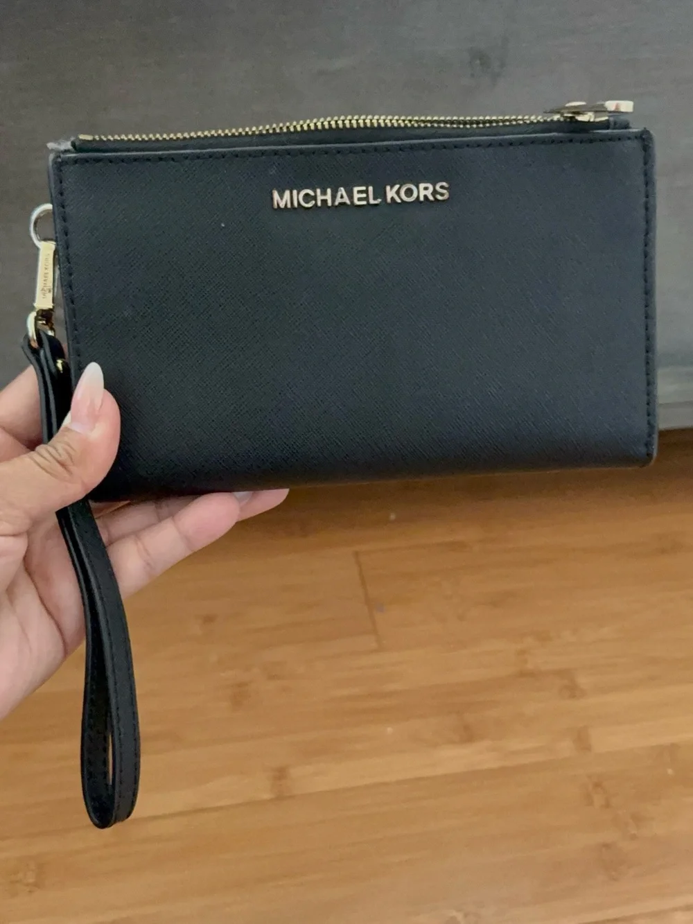 Michael Kors Black and Gold Saffiano Wristlet Card Holder